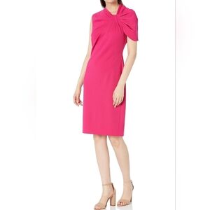 Trina Keshi Stretch Woven Asymmetrical Twist Neck Short Sleeve Midi Sheath Dress